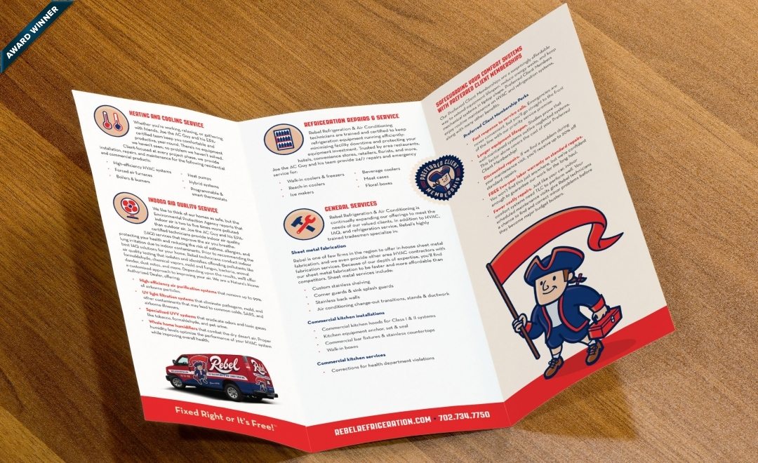 Award winning trifold brochure design for a HVAC and refrigeration company in Las Vegas, NV. Winner of Collateral/All Printed Materials Rack Brochure, color in the 2014 NJ Ad Club Jersey Awards.