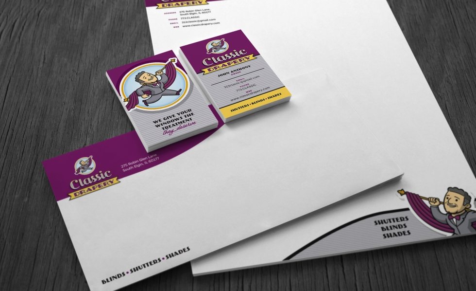 Stationery design example for a client with a drapery business in Chicago which utilizes custom illustration and hand drawn typography.