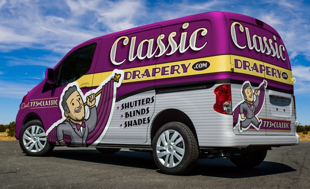 One of our best truck wraps utilizing a new retro brand, custom, hand-drawn artwork and type for this Chicago based drapery company.