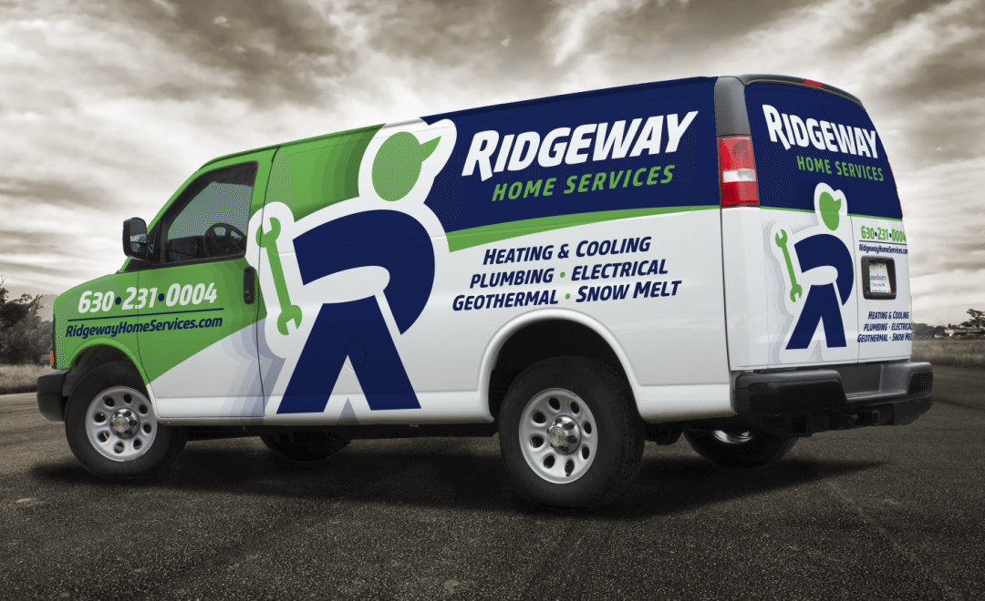 Vehicle wrap design for Ridgeway Home Services located in IL. The best vehicle wraps use simple, eye-catching graphics that are easy to read, as this wrap for Ridgeway shows.