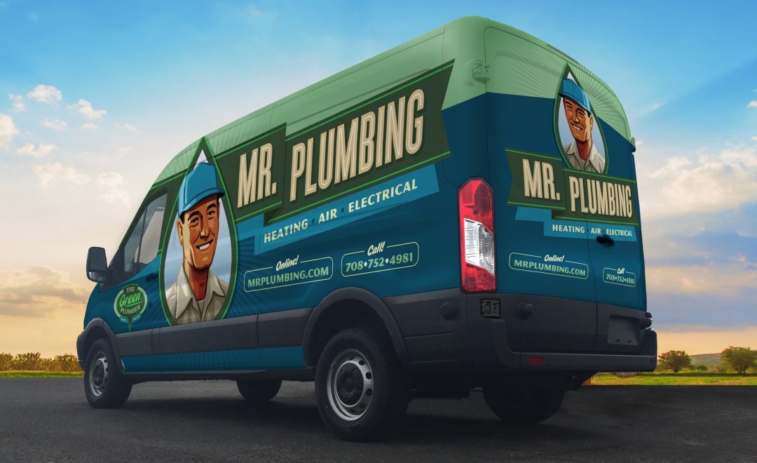 Vehicle wrap design for Mr. Plumbing. The best vehicle wraps use easy-to-read graphics and a great logo to communicate a memorable brand, as this wrap shows.