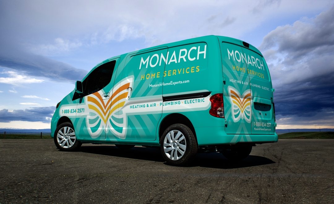 Vehicle wrap design for Monarch Home Services in California. The best vehicle wraps use easy-to-read graphics and a great logo to communicate a memorable brand.