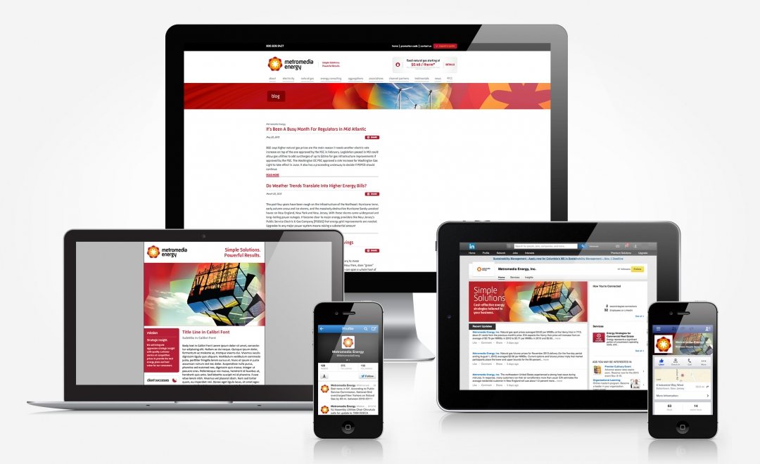 Facebook, Twitter, Linkedin, blog and newsletter design for Metromedia Energy.