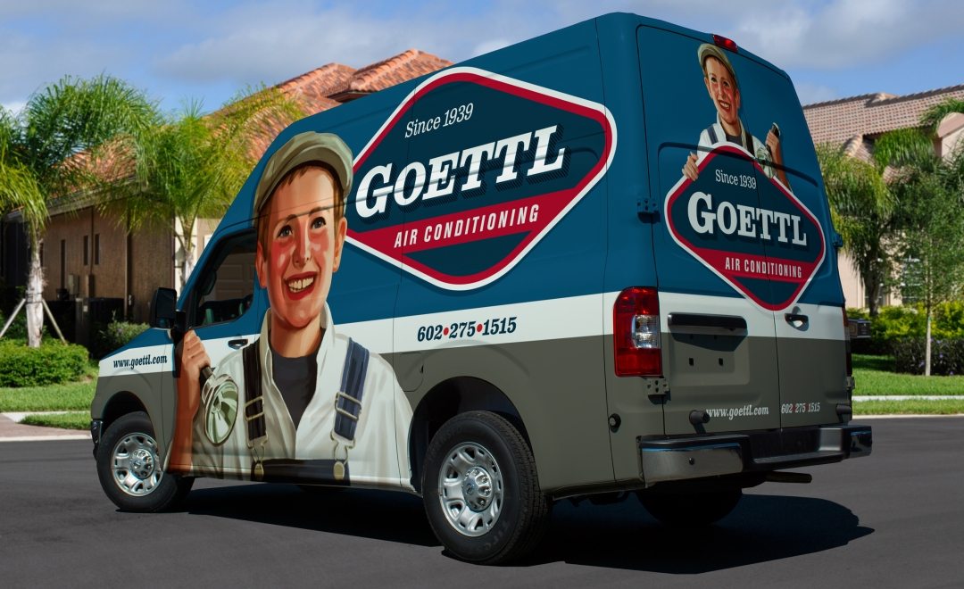 The best vehicle wraps use simple, easy-to-read graphics, as this wrap for Goettl Air Conditioning shows.